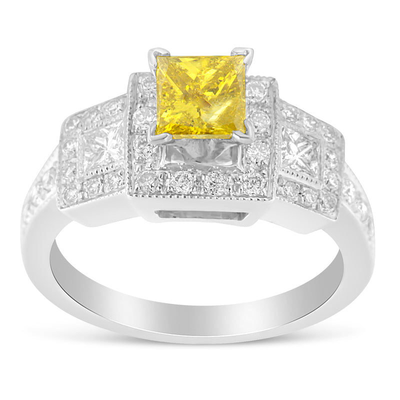 14k White Gold 1 1/2ct Round and Treated Yellow Princess Diamond Wedding Ring(H-I SI1-SI2)