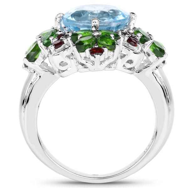 5.76 Carat Genuine Blue Topaz, Chrome Diopside & Garnet .925 Sterling Silver Ring