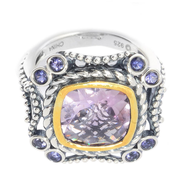 925 Sterling Silver Women Cocktail Ring Iolite and Pink Amethyst