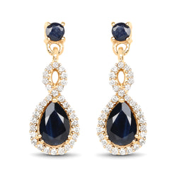 1.19 Carat Genuine Blue Sapphire and White Diamond 14K Yellow Gold Earrings