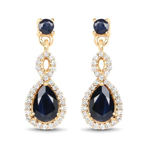 1.19 Carat Genuine Blue Sapphire and White Diamond 14K Yellow Gold Earrings