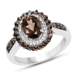 1.56 Carat Genuine Smoky Quartz and White Topaz .925 Sterling Silver Ring