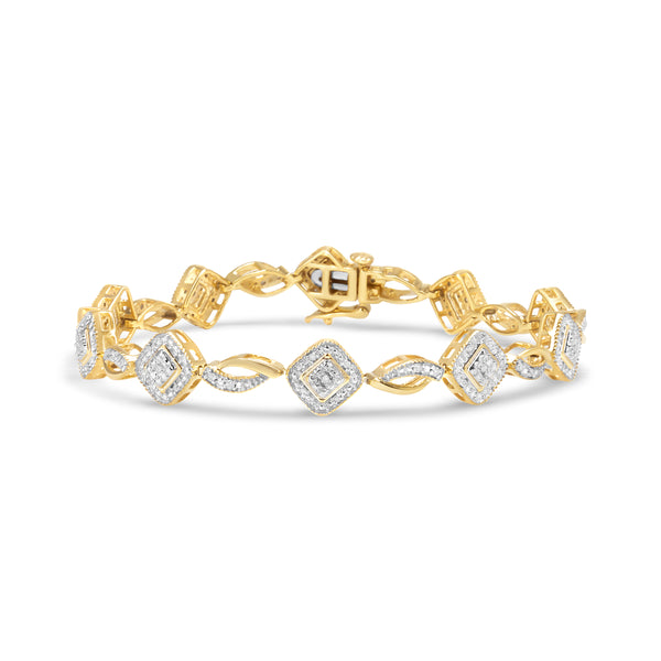 10K Yellow Gold Plated .925 Sterling Silver 1/4 Cttw Diamond Alternating Art Deco Square and Swirl Link 7.25" Bracelet (I-J Color, I2-I3 Clarity)