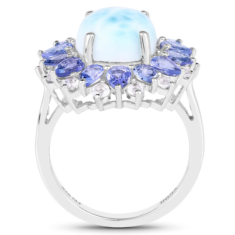 7.02 Carat Genuine Larimar, Tanzanite & White Topaz .925 Sterling Silver Ring