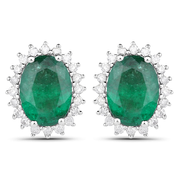 2.65 Carat Genuine Zambian Emerald and White Diamond 14K White Gold Earrings