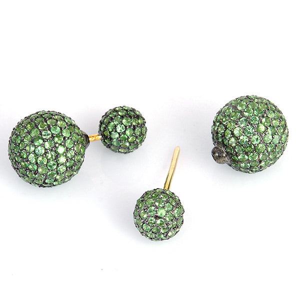 18k Gold 5.67ct Pave Tsavorite Bead Ball Tunnel Earrings Sterling Silver Jewelry