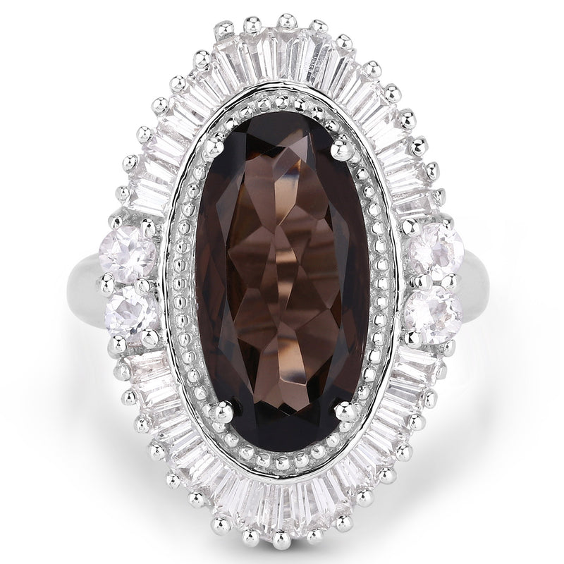 8.12 Carat Genuine Smoky Quartz and White Topaz .925 Sterling Silver Ring