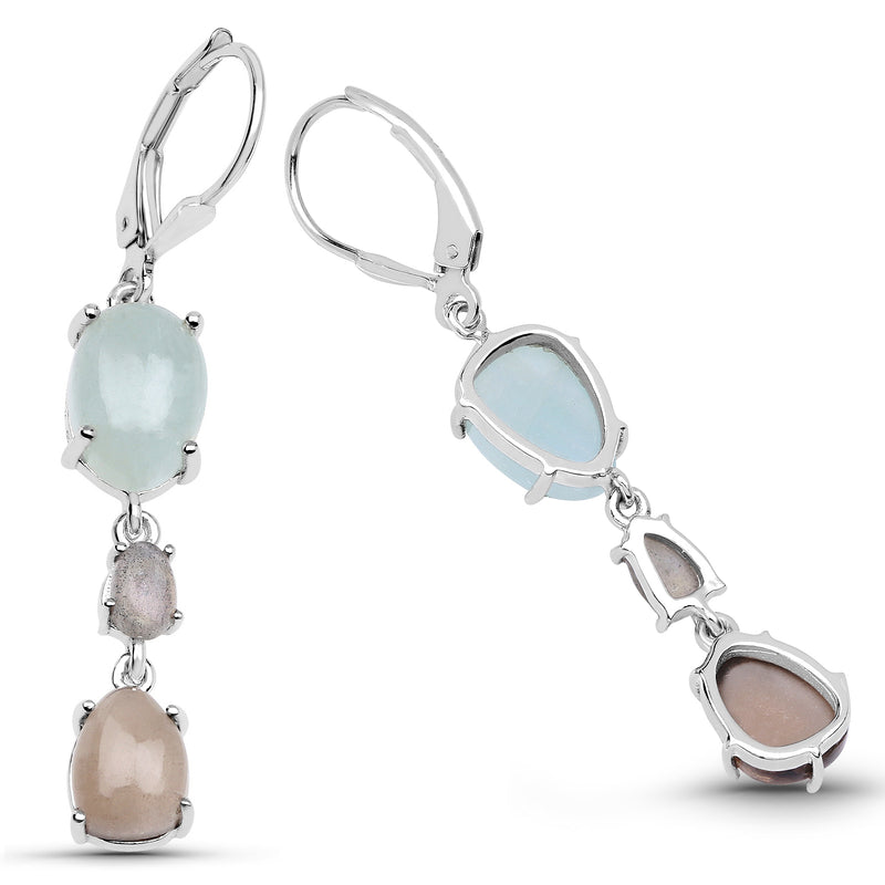 8.30 Carat Genuine Smoky Quartz, Labradorite and Aquamarine .925 Sterling Silver Earrings