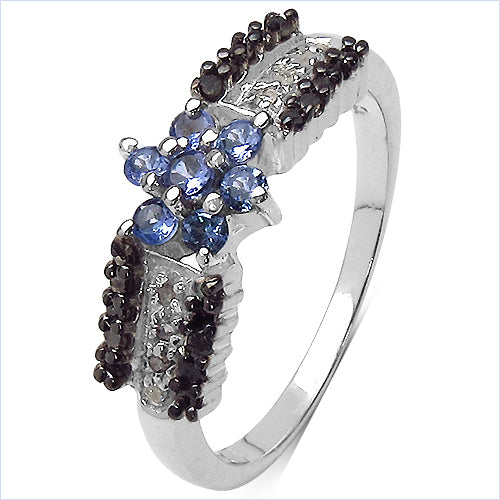 0.40 Carat Genuine Tanzanite, Black Diamond & White Diamond .925 Sterling Silver Ring