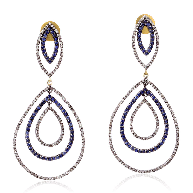 2.3ct Pave Sapphire & Diamond Dangle Earrings 18k Gold 925 Silver Jewelry Women