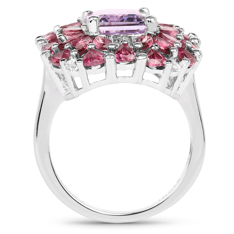 7.59 Carat Genuine Pink Amethyst, Rhodolite and White Topaz .925 Sterling Silver Ring