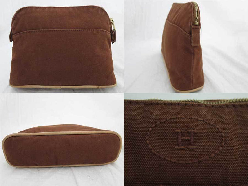 Hermes HERMES Multi-Case Bored Pouch Brown Gold Metal Fittings Cotton Makeup Womens Mens