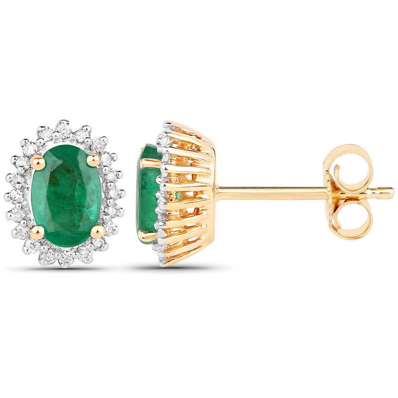 1.00 Carat Genuine Zambian Emerald and White Diamond 18K Yellow Gold Earrings