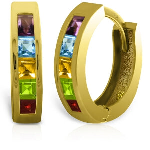 1 Carat 14K Solid Yellow Gold Hoop Huggie Earrings Multi Gemstones