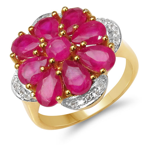 14K Yellow Gold Plated 4.05 Carat Genuine Glass Filled Ruby & White Topaz .925 Sterling Silver Ring