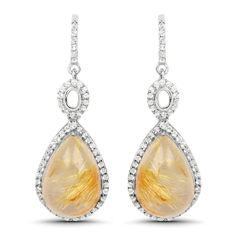 10.04 Carat Genuine Golden Rutile And White Topaz .925 Sterling Silver Earrings