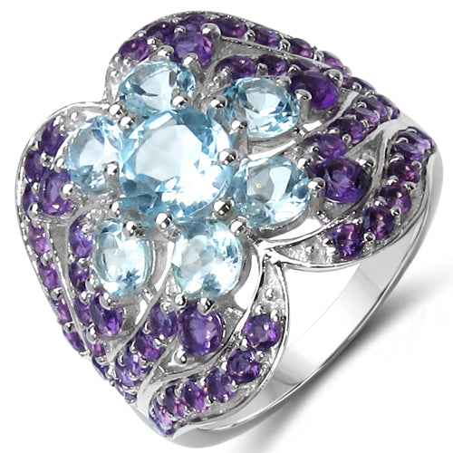 14K Yellow Gold Plated 4.58 Carat Genuine Amethyst & Blue Topaz .925 Sterling Silver Ring