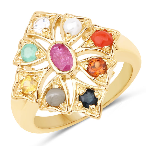 14K Yellow Gold Plated 1.26 Carat Genuine Multi Stone .925 Sterling Silver Ring