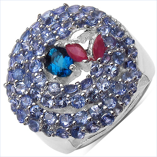 3.31 Carat Genuine London Blue Topaz , Ruby & Tanzanite .925 Sterling Silver Ring