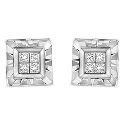 .925 Sterling Silver 1/6 Cttw Invisible Set Princess-Cut Diamond Quad Composite Stud Earrings (H-I Color, I1-I2 Clarity)