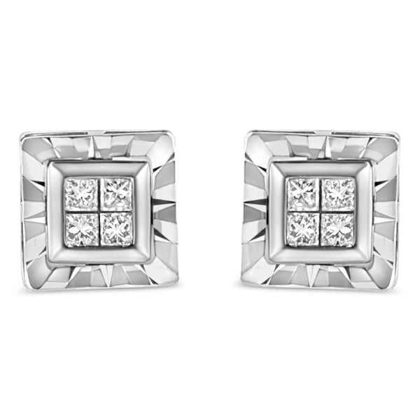 .925 Sterling Silver 1/6 Cttw Invisible Set Princess-Cut Diamond Quad Composite Stud Earrings (H-I Color, I1-I2 Clarity)