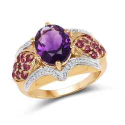 14K Yellow Gold Plated 3.01 Carat Genuine Amethyst & Rhodolite .925 Sterling Silver Ring