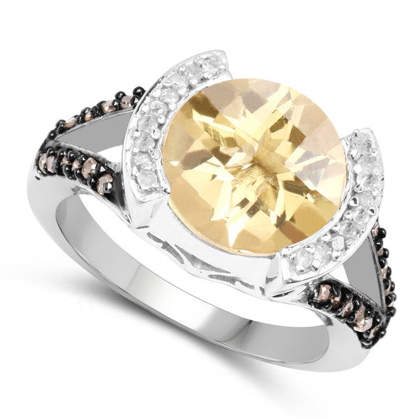 3.64 Carat Genuine Citrine, Champagne Diamond and White Diamond .925 Sterling Silver Ring