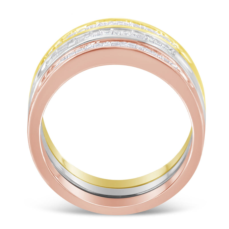 10K Yellow, White and Rose Gold over .925 Sterling Silver 5/8 Cttw Diamond Channel-Set Stackable Band Ring Set (H-I Color, I1-I2 Clarity) - Size 6 3/4