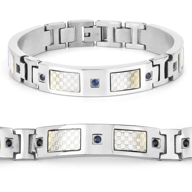 Titanium Men's Bracelet, Mens Titanium Bracelet with Silver Plated Steel Inlay, 0.72ctw. Natural Blue Sapphire Rounds