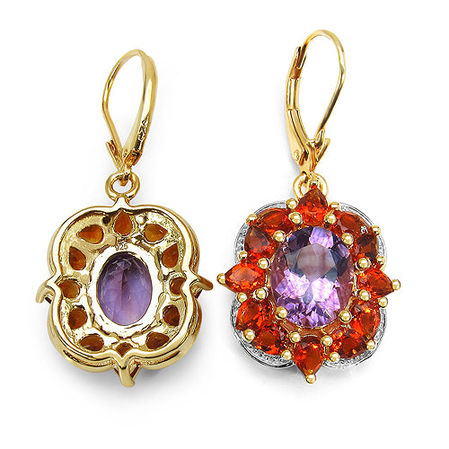 14K Yellow Gold Plated 8.14 Carat Genuine Amethyst & Citrine .925 Sterling Silver Earrings