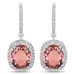 8.90 Carat Genuine Baby Pink Tourmaline and White Diamond 14K White Gold Earrings