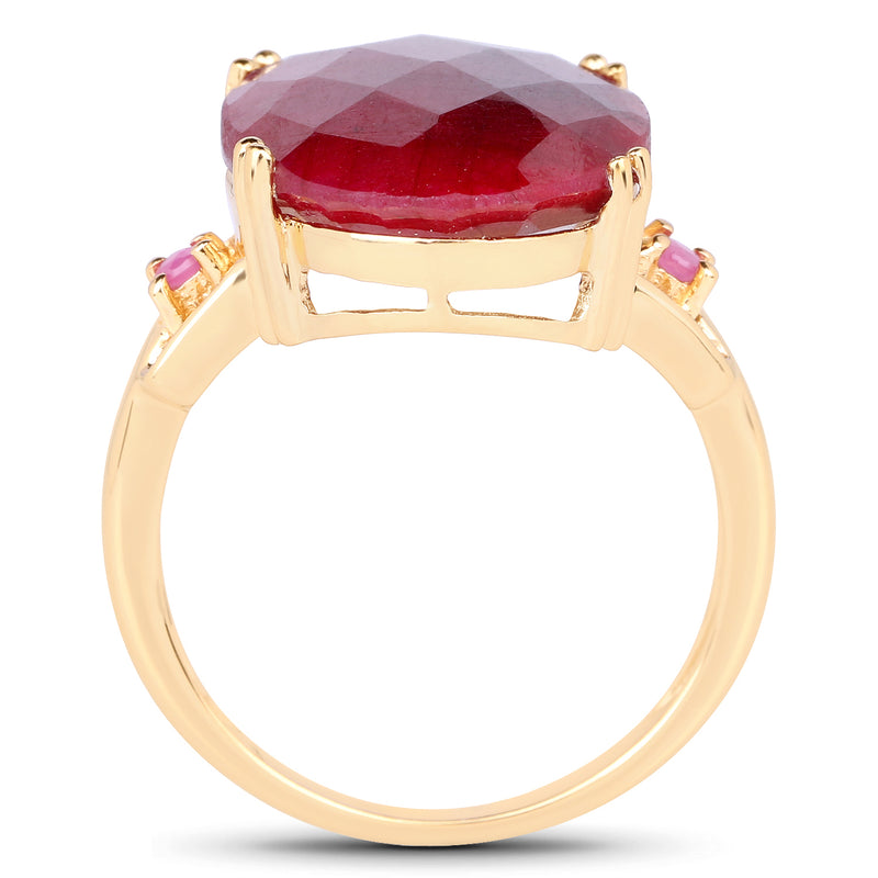 14K Yellow Gold Plated 15.35 Carat Dyed Ruby And Ruby .925 Sterling Silver Ring