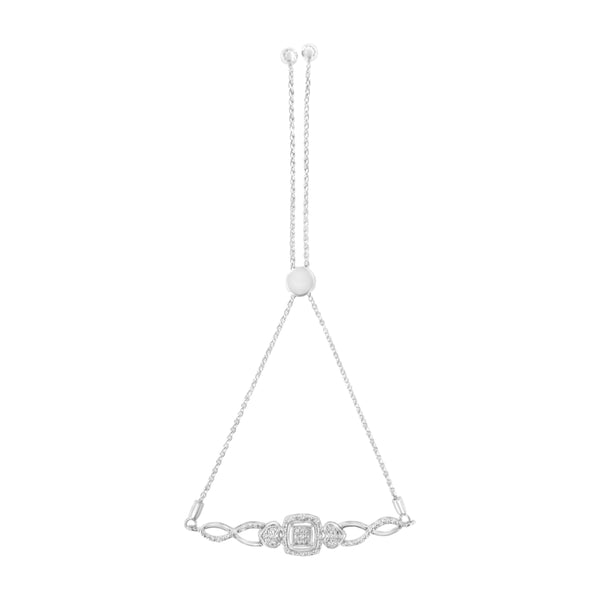 .925 Sterling Silver Diamond Cushion Frame Heart-Sides Twist 4”-10” Adjustable Bolo Tennis Bolo Bracelet (I-J Color, I3 Clarity)