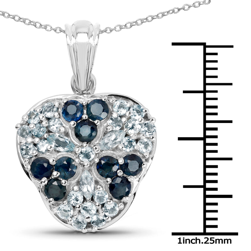 2.73 Carat Genuine Blue Sapphire and Aquamarine .925 Sterling Silver Pendant