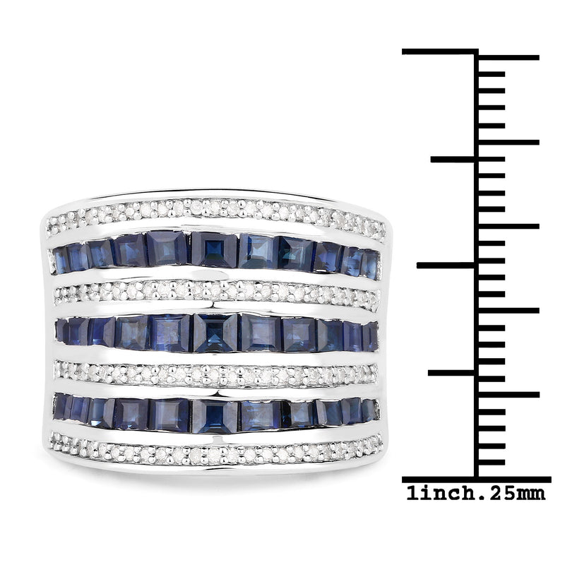 3.44 Carat Genuine Blue Sapphire and White Diamond .925 Sterling Silver Ring