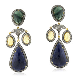 Emerald Multi Sapphire Pave Diamond Dangle Earrings Gold Silver Jewelry
