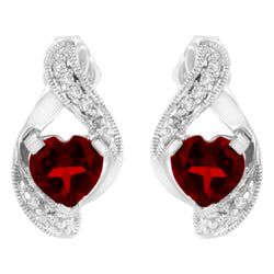 14KT White Gold 6x6mm Created Red Heart Garnet and Diamond Accent Earrings (I-J, I1-I2)