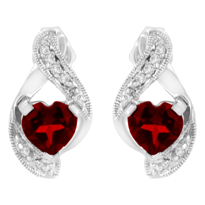 14KT White Gold 6x6mm Created Red Heart Garnet and Diamond Accent Earrings (I-J, I1-I2)
