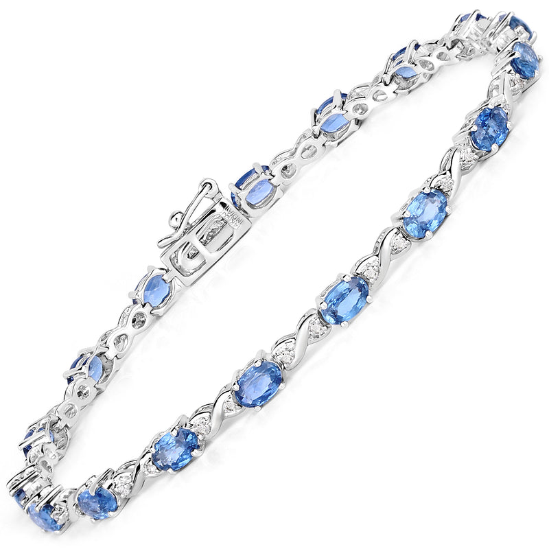 5.31 Carat Genuine Blue Sapphire and White Diamond 14K White Gold Bracelet