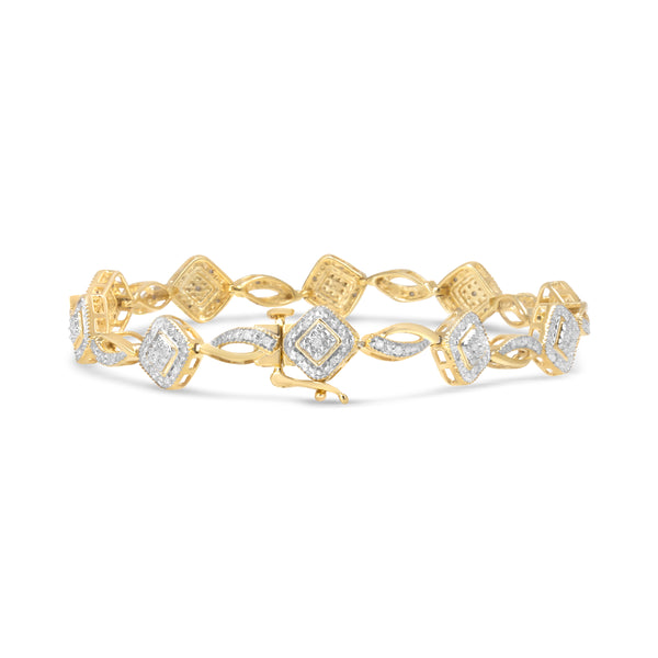 10K Yellow Gold Plated .925 Sterling Silver 1/4 Cttw Diamond Alternating Art Deco Square and Swirl Link 7.25" Bracelet (I-J Color, I2-I3 Clarity)