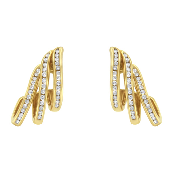 10K Yellow Gold 1.0 Cttw Round Brilliant Cut Diamond Spiral Multi Row Channel Set Open Hoop Pushback Stud Earrings (H-I Color, I1-I2 Clarity)