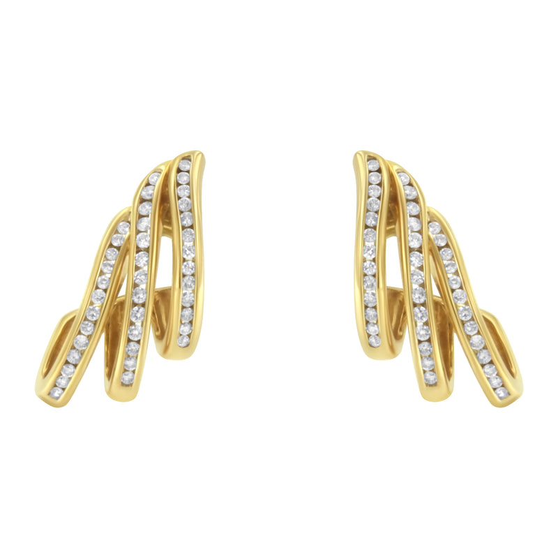 10K Yellow Gold 1.0 Cttw Round Brilliant Cut Diamond Spiral Multi Row Channel Set Open Hoop Pushback Stud Earrings (H-I Color, I1-I2 Clarity)