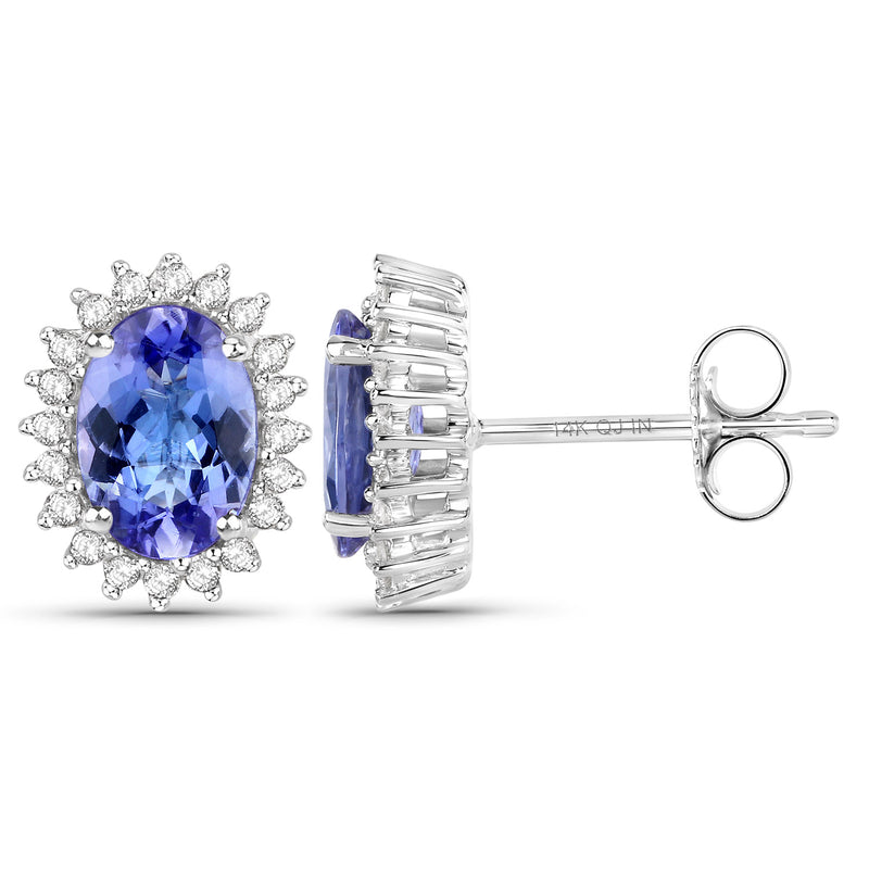 1.71 Carat Genuine Tanzanite and White Diamond 14K White Gold Earrings