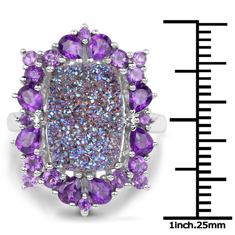 5.97 Carat Genuine Drusy Quartz and Amethyst .925 Sterling Silver Ring