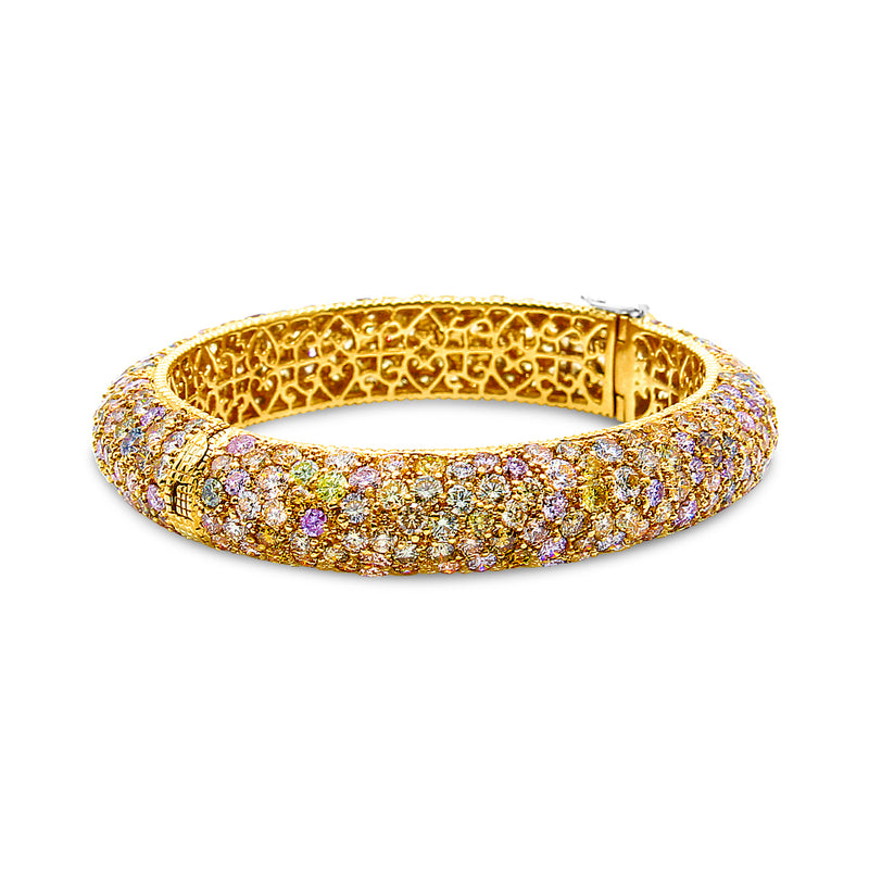 18K Yellow Gold 32.0 Cttw Mixed Diamond Color Multi Row Art Deco Style Milgrain Bangle (Mixed Color VS2-SI1 Clarity)