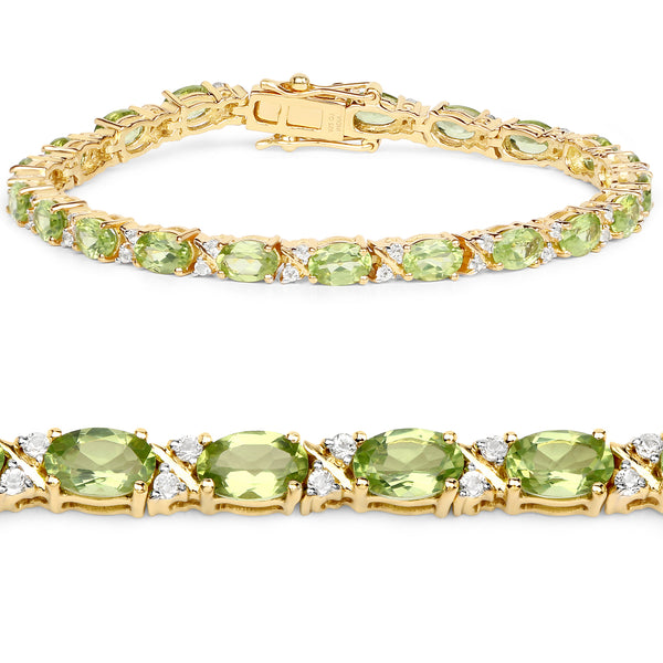 18K Yellow Gold Plated 9.91 Carat Genuine Peridot and White Topaz .925 Sterling Silver Bracelet