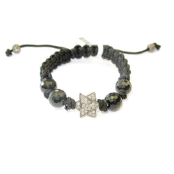 Pave Diamond & Onyx Bead Star Charm Macrame Bracelet 925 Silver Jewelry