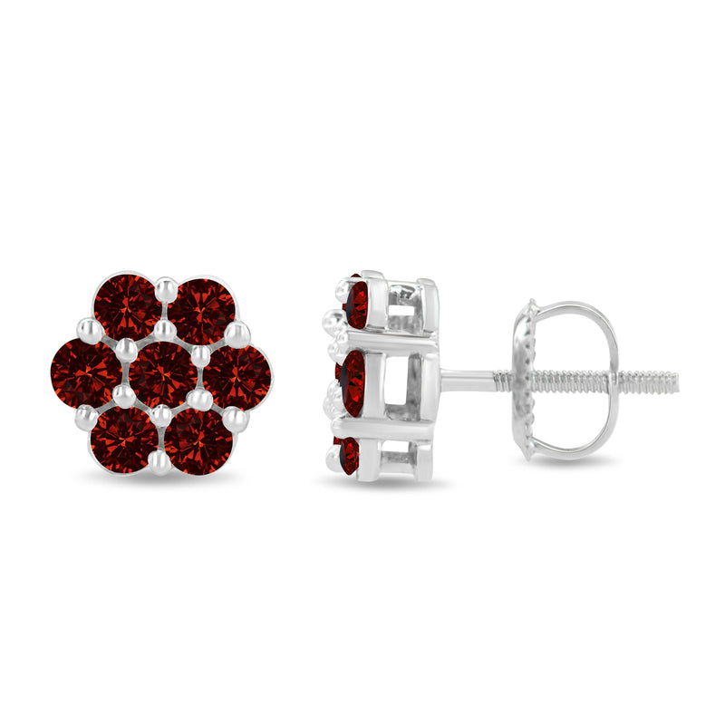 14K White Gold 1.0 Cttw Treated Red Diamond Prong Set 7 Stone Floral Stud Earrings (Treated Red Color, SI2-I1 Clarity)