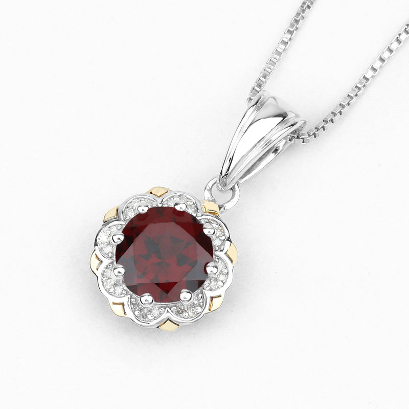 2.32 Carat Genuine Garnet and White Diamond 14K Yellow Gold with .925 Sterling Silver Pendant