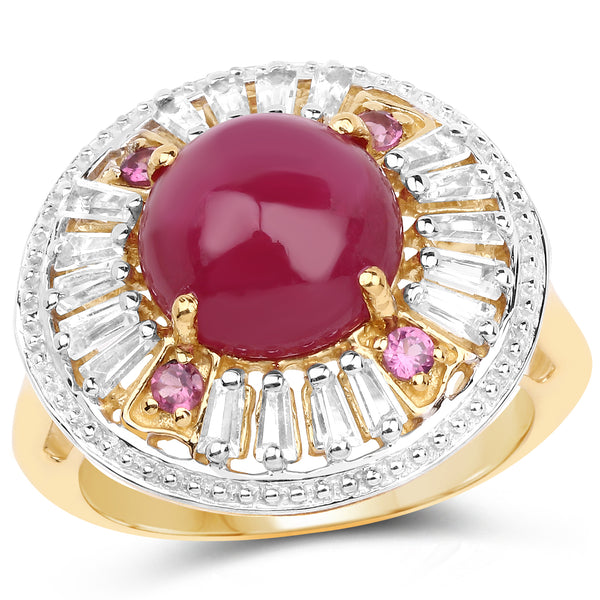 14K Yellow Gold Plated 8.91 Carat Genuine Glass Filled Ruby, Rhodolite & White Topaz .925 Sterling Silver Ring
